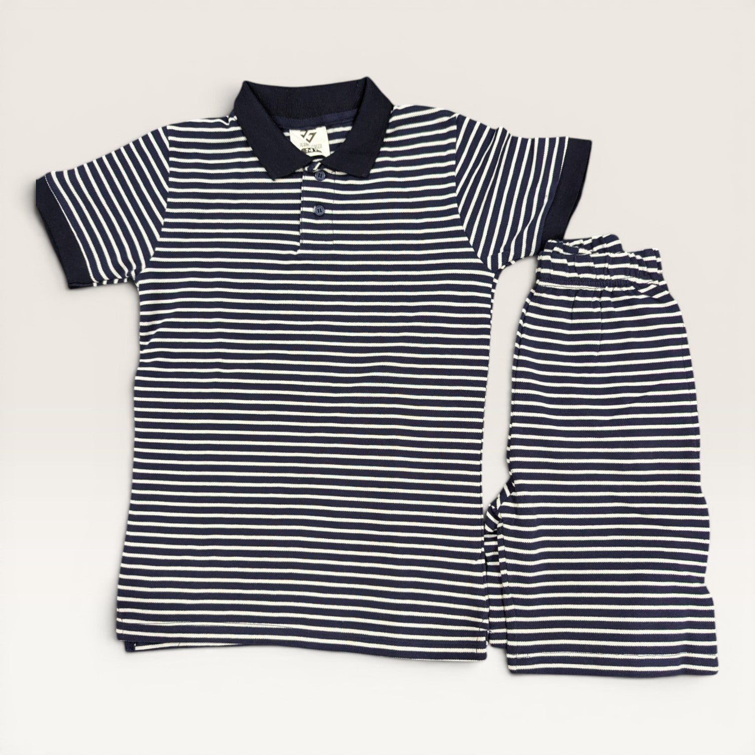White & Navy Striped Kids Polo Shirt & Shorts Set