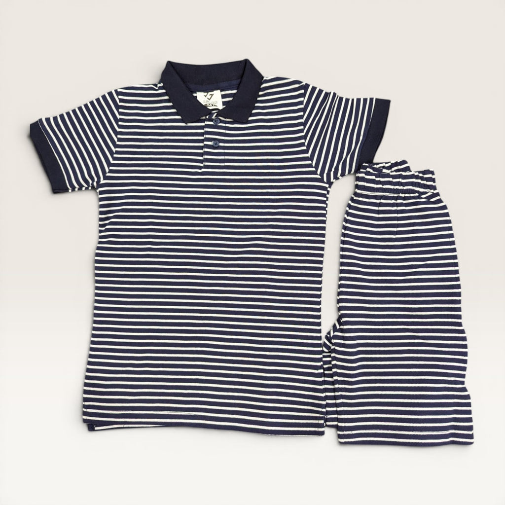 White & Navy Striped Kids Polo Shirt & Shorts Set