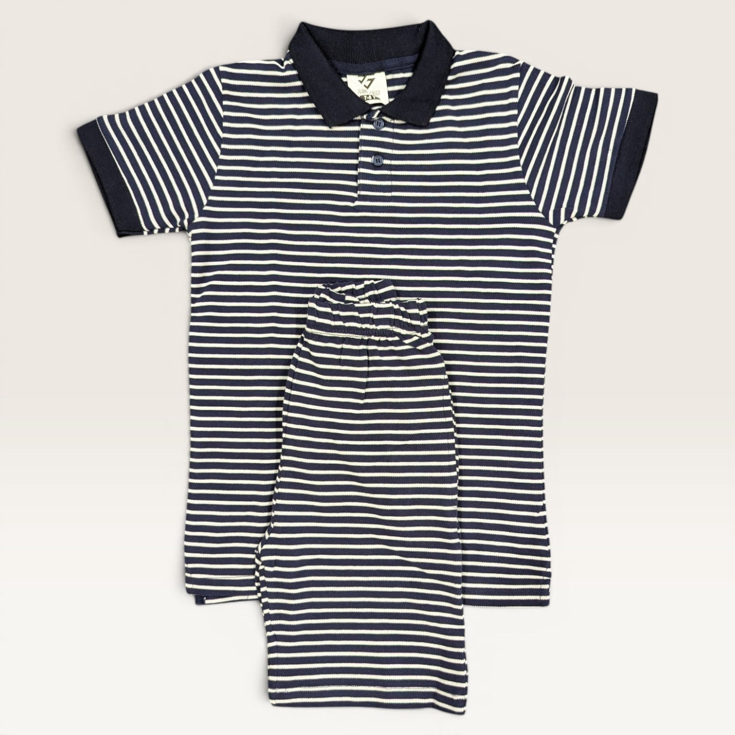White & Navy Striped Kids Polo Shirt & Shorts Set