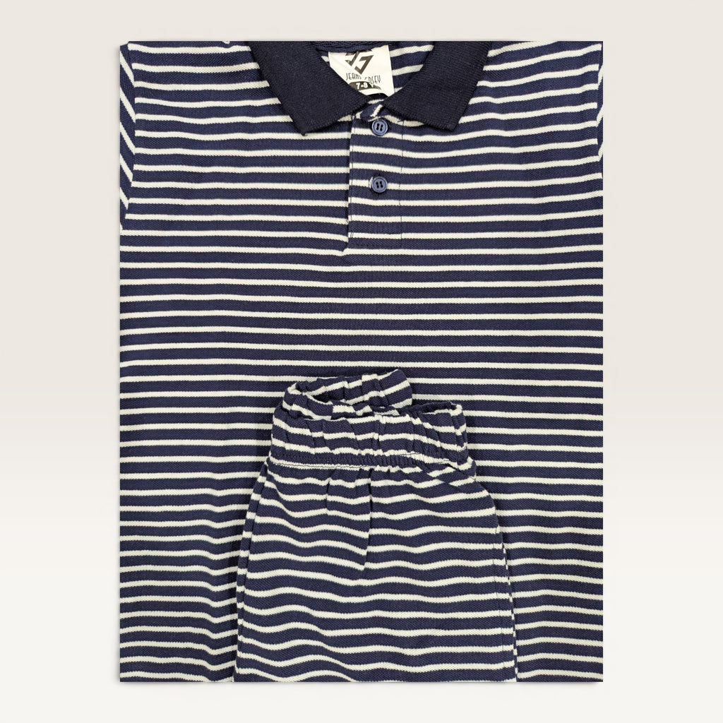 White & Navy Striped Kids Polo Shirt & Shorts Set