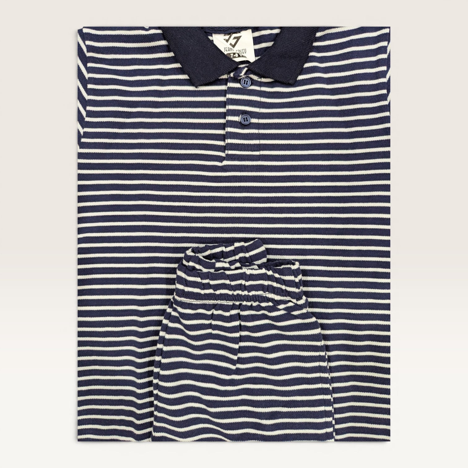 White & Navy Striped Kids Polo Shirt & Shorts Set