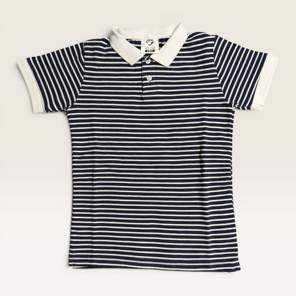 White & Navy Striped Printed Kids T-Shirt & Shorts Set